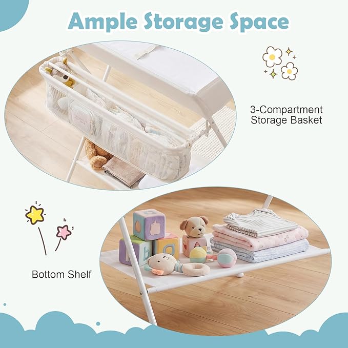 Costzon Changing Table, Portable Baby Changing Table Foldable Diaper Changing Station with Safety Belt, Large Storage Rack & Shelf, Nursery Organizer for Newborn Infant (Beige)