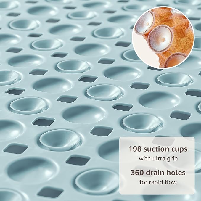 OTHWAY Bath Tub Shower Mat Non Slip, Bathtub Floor Liner Mats for Inside Shower Bathroom, Suction Cups and Drain Holes for Feet Scrubbing, Machine Washable, Soft on Feet, 35x16 Inch, Light Blue