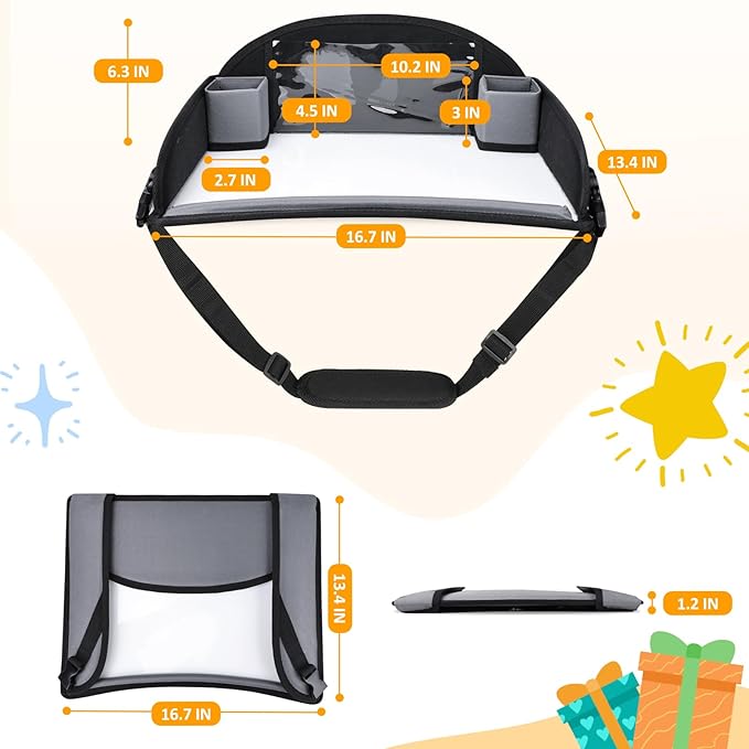 Kids Travel Tray for Toddler Carseat, Road Trip Activities Essentials, Kids Lap Desk Tray with Tablet Holder Stand and Dry Erase Board, Grey