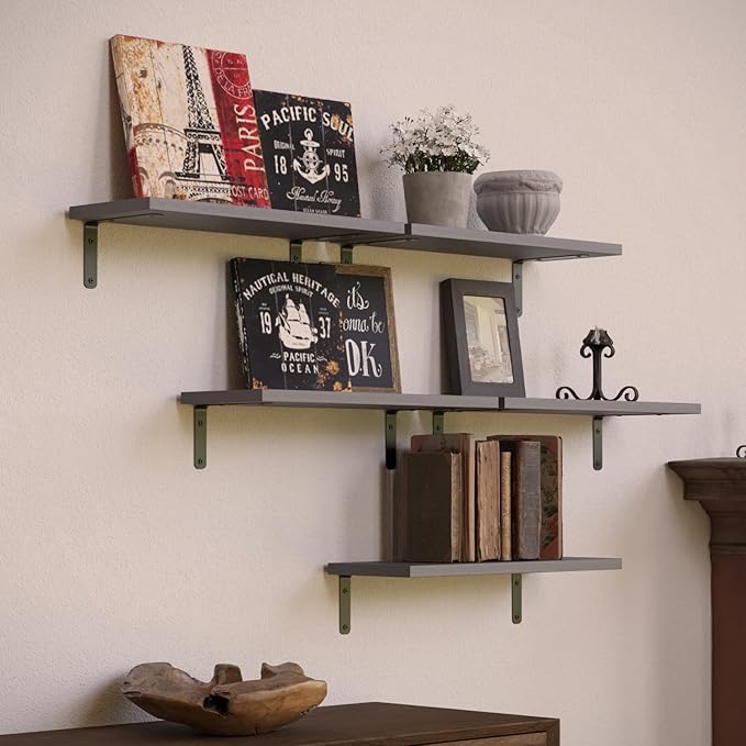 RICHER HOUSE Rustic Wood Bathroom Shelves Set of 5, Farmhouse Style Floating Shelf for Wall Décor, Hanging Shelves for Bedroom, Storage, Kitchen, Living Room - Gray