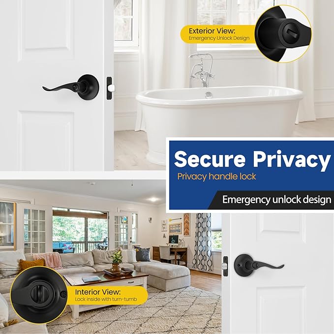 Privacy Door Handle with Lock Keyless Door Lever for Bathroom and Bedroom Matte Black Wave Style Interior Door Handles