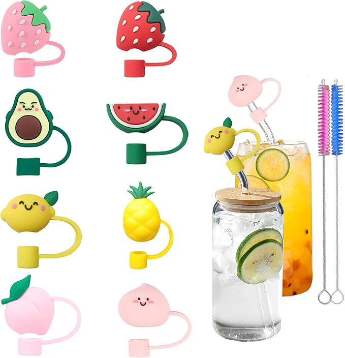 RENUIS 8Pcs Cute 10mm Fruit Straw Covers Cap for Stanley Cup,Silicone Straw Toppers Compatible with Stanley 30&40 Oz Tumblers with Handle, Dust-Proof Reusable Lids Tumbler Cup Accessories