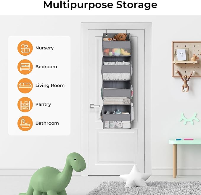 GRANNY SAYS Over The Door Organizer, 4-Shelf Behind The Door Storage with 6 Pockets, Waterproof 300D Oxford Fabric Hanging Organizer, Anti Tilt 35lb Load Hanging Shelf for Nursery, Bathroom, Grey