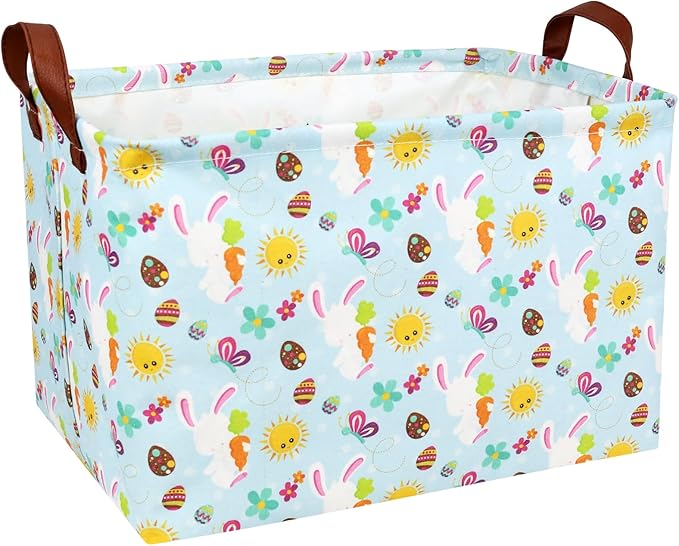 ASKETAM Easter Basket for Kid Large Empty Rectangular Cute Easter Gift Storage Basket Bunny Eggs Décor (Rabbit Butterfly Sun)