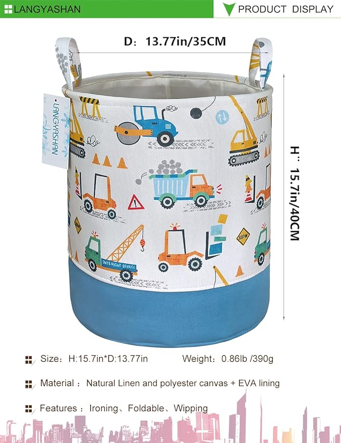 LANGYASHAN Laundry Basket Cotton Collapsible Organizer Storage Basket for Boys girls Laundry Hamper Toy Bins Gift Baskets Bedroom Clothes Children Nursery(Engineering Car)