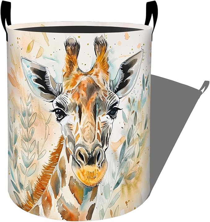 Watercolor Giraffe with Leaves Laundry Basket with Handles, 19.7"x15.7" Clothes Foldable Laundry Hamper Organizer for Dorm Nursery Bedroom Bathroom Decor, Toy Storage Bin for Kids