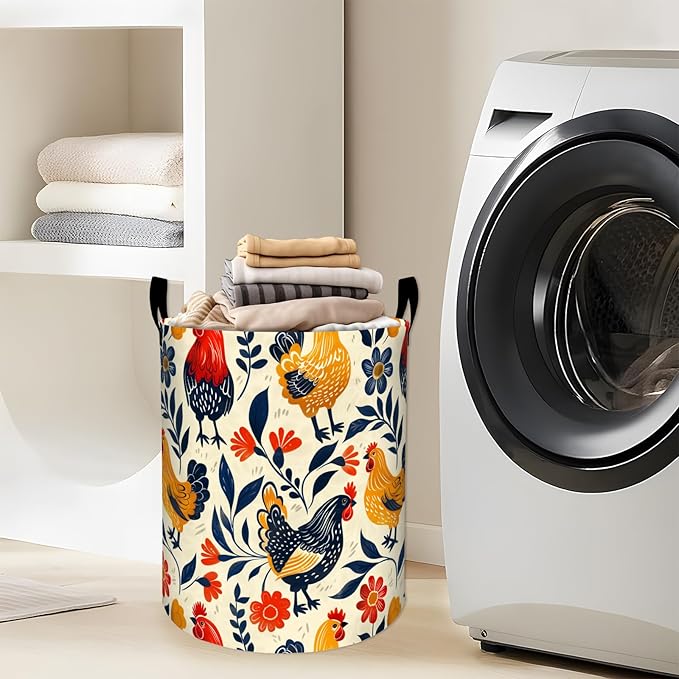 Colorful Roosters Hens Red Flowers Laundry Basket with Handles, 19.7"x15.7" Clothes Foldable Laundry Hamper Organizer for Dorm Nursery Bedroom Bathroom Decor, Toy Storage Bin for Kids