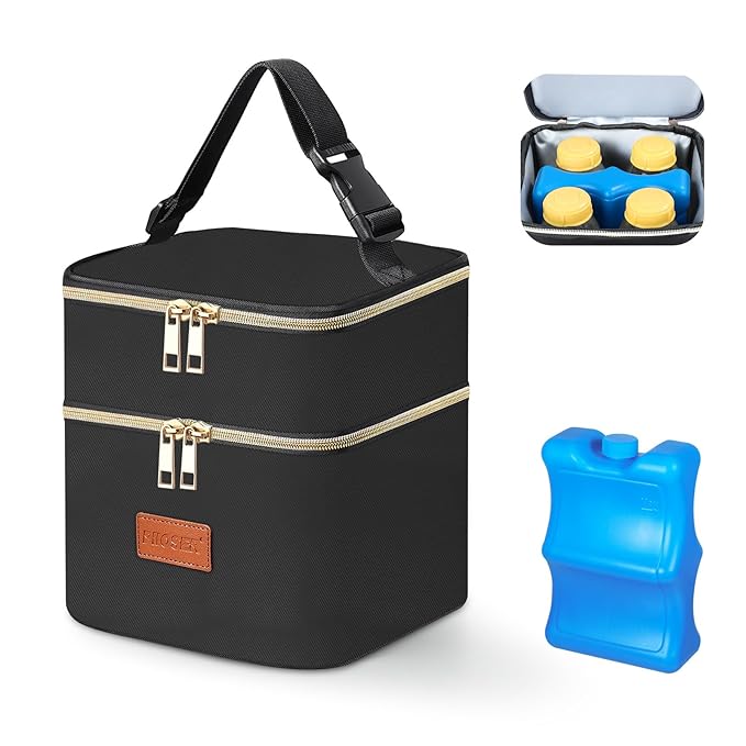 PIIOSER Baby Bottle Cooler Bag with Ice Pack, Fits 4 Baby Bottles Up to 5 Ounce, Portable Insulated Breastmilk Cooler Travel Bag with Handle Buckle for Nursing & Working Mom Daycare (Black-XS)