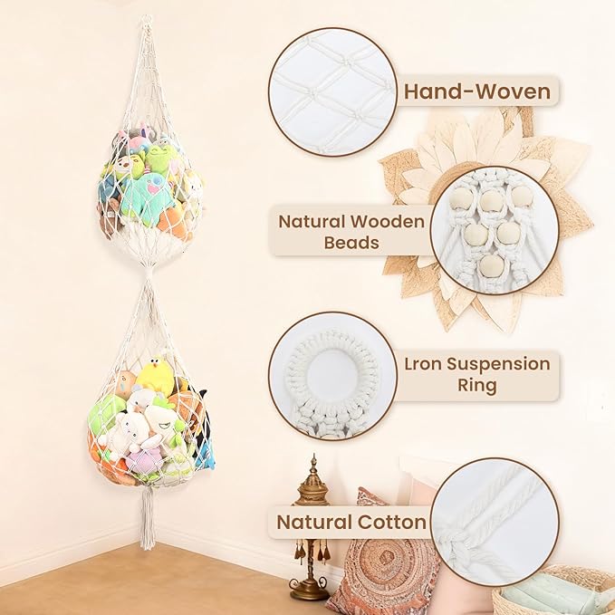 Large Stuffed Animal Net Corner Stuffed Animal Storage Hammock for Kids' Wall Room Decor Hanging Toy Storage Plushie Net Organizer Holder Kids Baby Nursery Wall Bedroom Home Decor (2 Tier, XXL)
