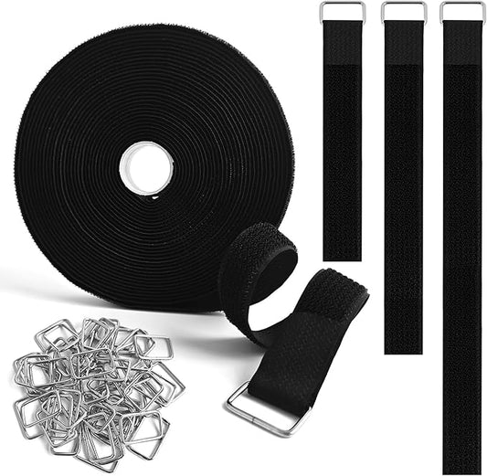 1 Inch x 32 Ft Hook and Loop Straps, 50 Metal Buckles, Adjustable Reusable Securing Cord Ties, Freely Cut-to-Length Cinch Strap, Suitable for Organization and Storage