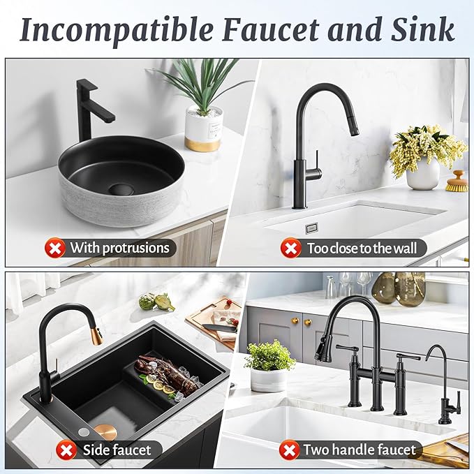 PoYang 17.7 inch Faucet Mat for Kitchen Sink Splash Guard, 7° Slope Silicone Sink Water Splash Guard for Kitchen Sink Area with Snap Button, Long Sink Protectors for kitchen Sink Sponge Holder, Black