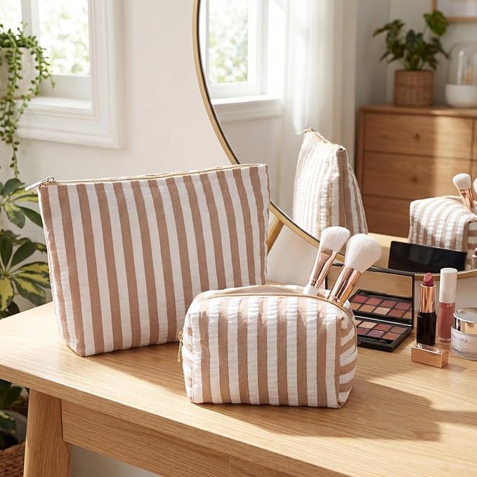2 Pcs Makeup Bag Set Cute Cosmetic Pouch for Women Seersucker Travel Toiletry Bag Preppy Small Makeup Purse Pouch Aesthetic Skincare Brushes Storage Organizer for Valentine Women(Khaki Wide)