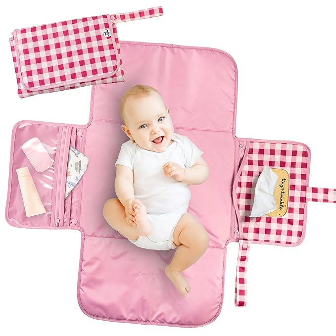 Tiny Twinkle Portable Diaper Changing Pad | Waterproof, Wipeable & Compact Baby Changing Pad for Travel | Smart Wipes Pocket & Organized Storage| Newborn Shower Gift (Raspberry Gingham)