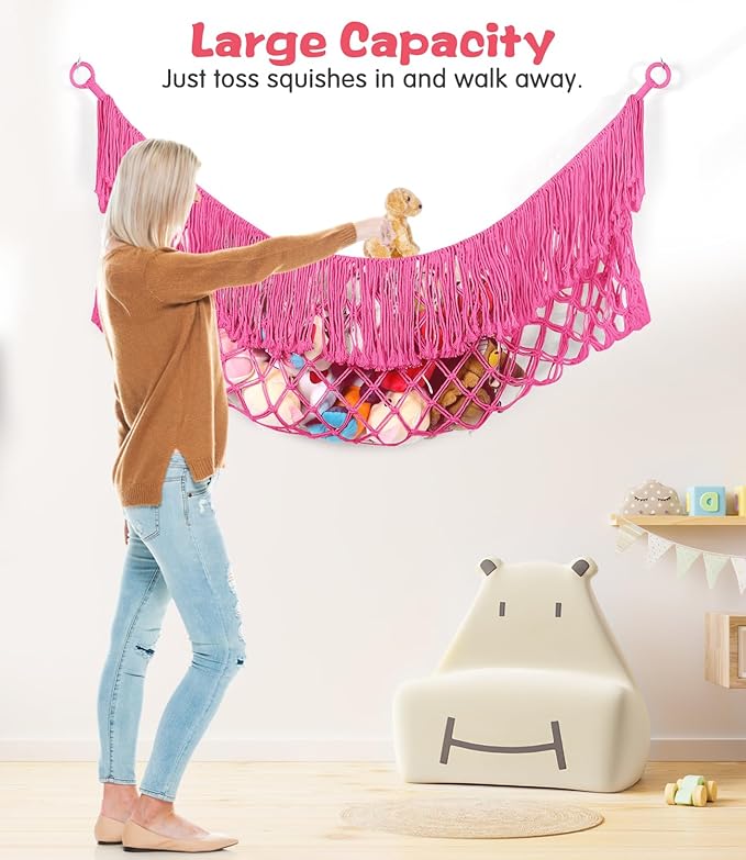 Stuffed Animal Hammock - Extra Large 63'' Long, Stuffed Animal Storage, stuffed animal Holder net, Hammock Large, Storage Hanging Organizer - Rose red