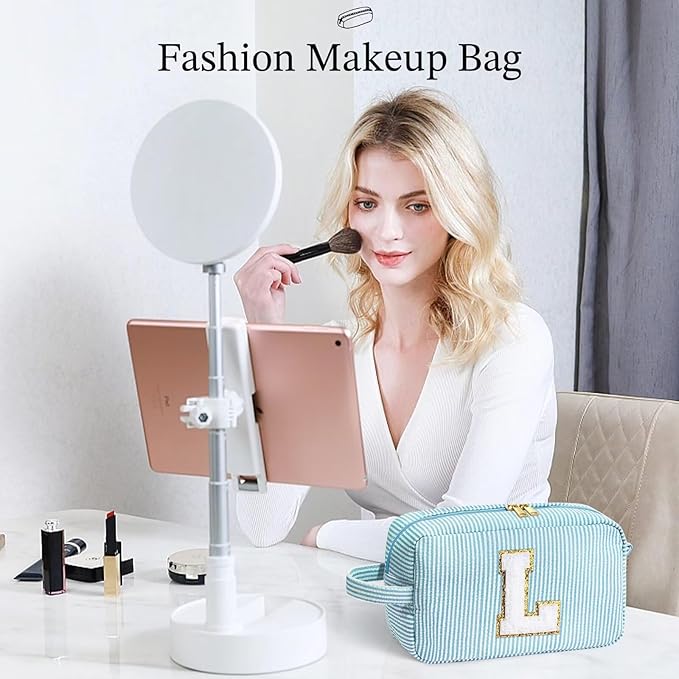 YOOLIFE Initial Makeup Bag for Women - Monogram Cute Makeup Bag Cosmetic Case Toiletry Pouch for Women Her Best Friend Sister Teacher, Personalized Birthday Gifts for Women, Light Blue V