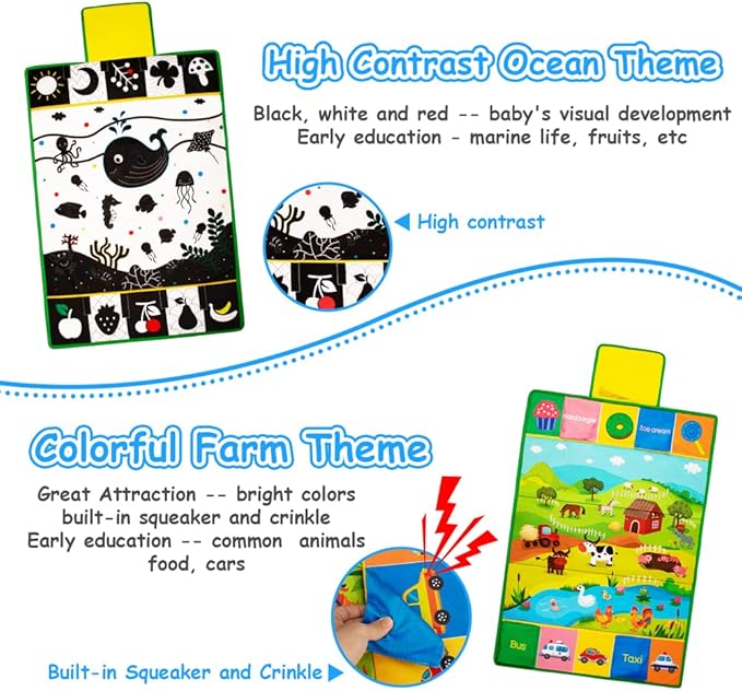 Inbeby Tummy Time Mirror & Play Mat & Pillow 3-in-1, High Contrast Black and White Baby Toys, Activity Mat for Early Education, Newborn Infant Tummy Time Toy Set for 0 3 6 12 Month Crinkle/Squeake