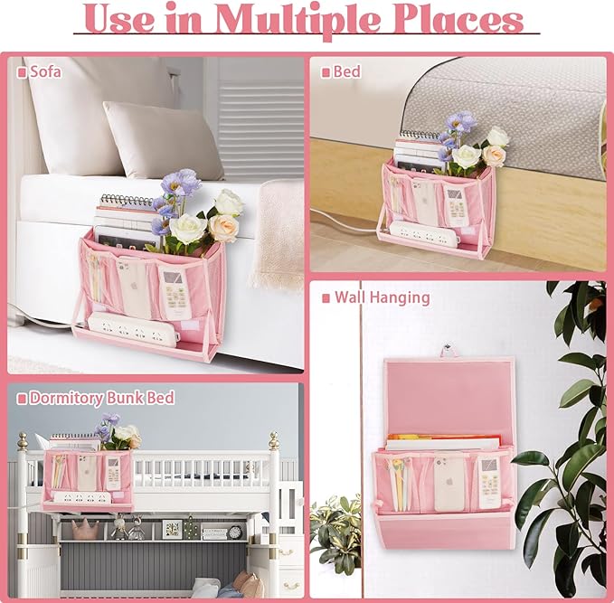 Retyion Bedside Caddy Bedside Storage Organizer Bedside Organizer with Power Strip Holder and 2 Adjustable Straps for Home Bunk Bed College Dorm Sofa (2 Pack Pink)
