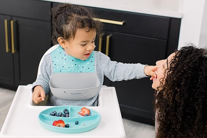 Bazzle Baby Silicone Bibs with Food Catcher - Rolls Up and Button closed for easy travel and storage Waterproof 2-Pk