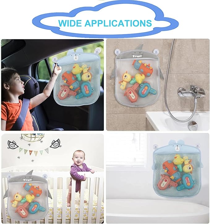 Storawo 2 Pack Mesh Bath Toy Organizer, Cute Shark & Bear Bath Toy Storage Net Bathtub Toy Organizer, Perfect Bathroom Hanging Storage Bag Quick Dry Bath Toy Holder Bag with 8 Strong Hooks (Set A)
