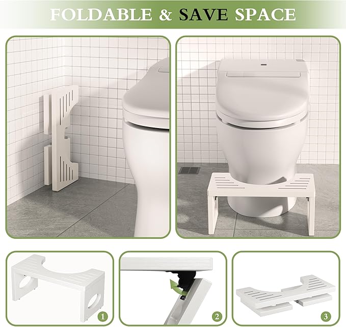 7 Inch Bamboo Toilet Stool, Foldable Poop Stool, Bathroom Step Stool Squat (White)