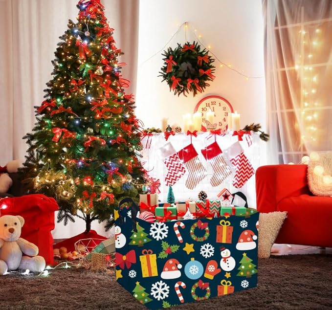 Essme Rectangular Christmas Basket,Cute Baskets Empty with Handles, Snowmen Basket Gifts for Kids Room Decor,Boys and Girls,Candy Bins.(Christmas).