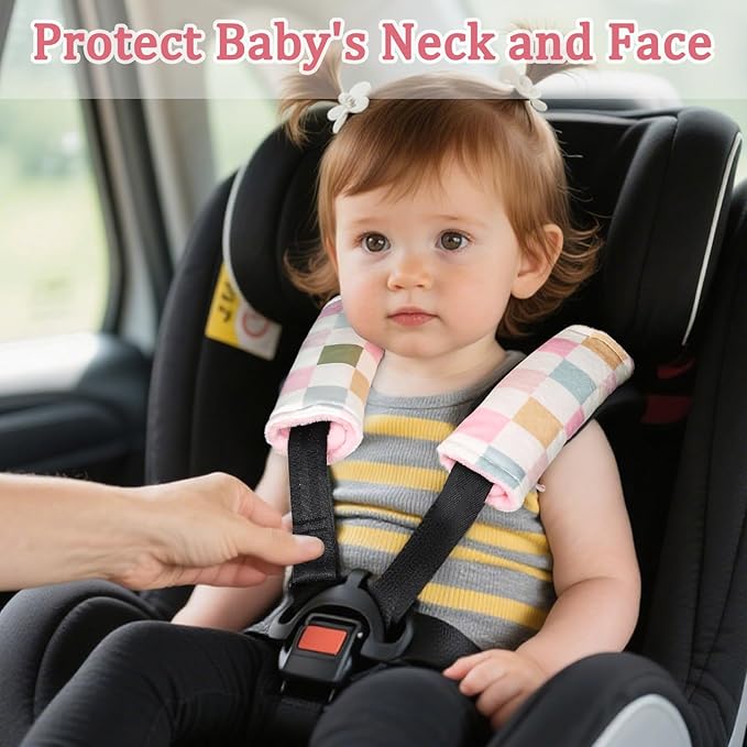 DILIMI Baby Car Seat Belt Covers, 2Pcs Carseat Shoulder Strap Pads, Soft Minky Car Seat Neck Covers, Newborn Car Seat Strap Protectors, Stroller Strap Covers for Baby Kids, Colorful Checkered