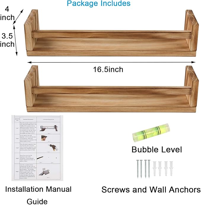 Nursery Book Shelves, Set of 2 Wood Floating Book Shelves for Kids Room, Kitchen Spice Rack, or Rustic Wall Mounted Shelves for Farmhouse Bathroom Décor (carbonized)