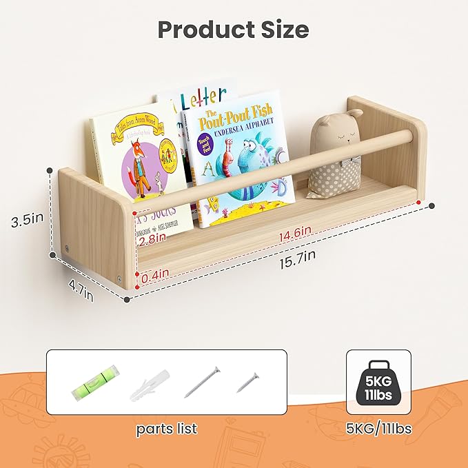 upsimples 2 Pack Nursery Book Shelves, 15.7 Inch Floating Bookshelves for Wall, Baby Nursery Decor, Small Solid Wood Wall Mounted Shelves for Baby Kids Boys Girls, Natural