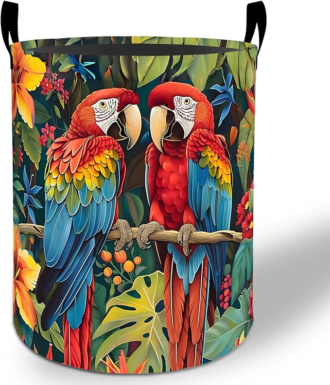 Colorful Parrot Laundry Basket Hamper 19.7"x15.8", Birds Foldable Waterproof Oxford Clothes Storage Bucket for Room Bathroom Bedroom Nursery Decor, Toy Organizer Bins Gifts for Kids Boys Girls