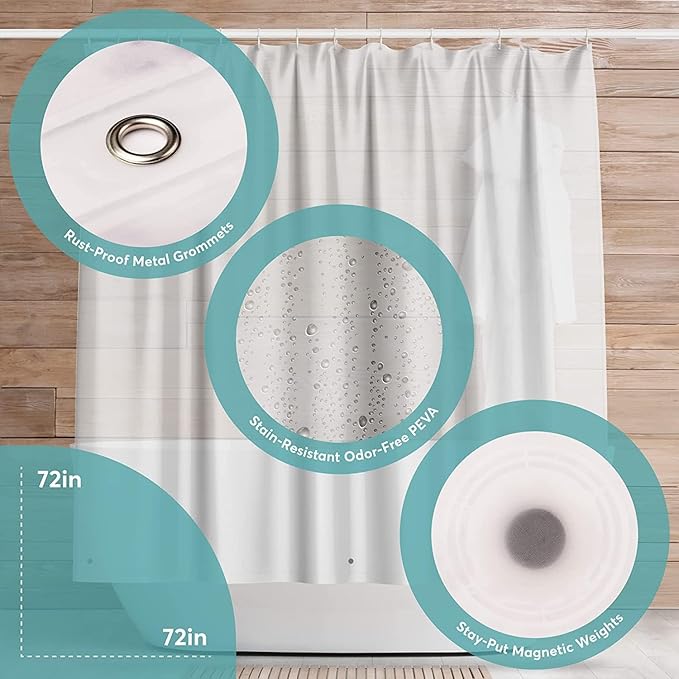 BigFoot Shower Curtain Liner – 72 x 84 PEVA Premium Shower Curtain with Rustproof Metal Grommet and 3 Magnetic Weights – Odor Free and Compatible with Standard Showers, White