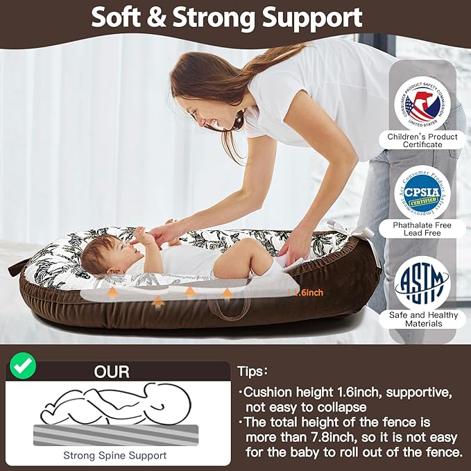 Baby Lounger-Breathable and Soft Organic 100% Cotton, Portable Infant Lounger with Removable Lounger Cover, Baby nest Lounger for Newborn - Brown Zebra