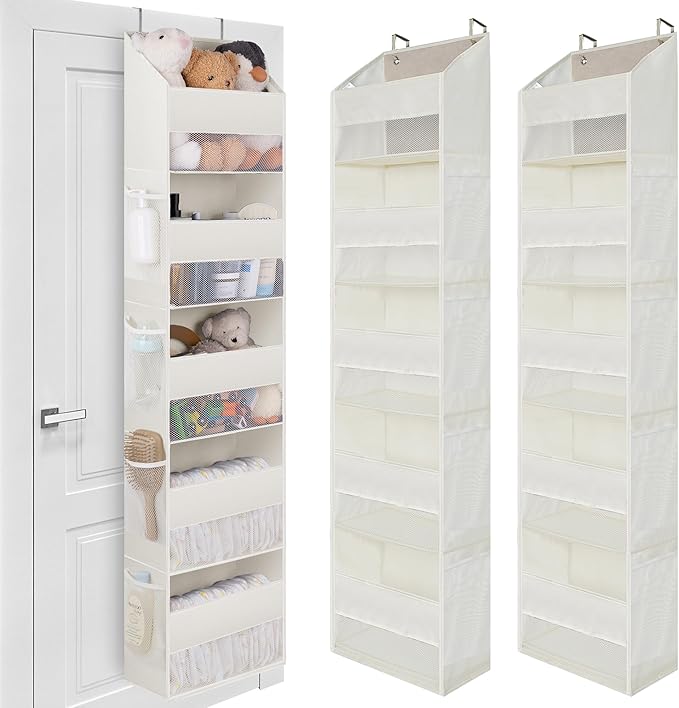 GRANNY SAYS Over The Door Organizer, 5-Shelf Behind The Door Storage with 8 Pockets and Clear Window, Anti Tilt 45lb Large Capacity Hanging Storage for Bedroom, Stuffed Animal, Beige, 2 Pack