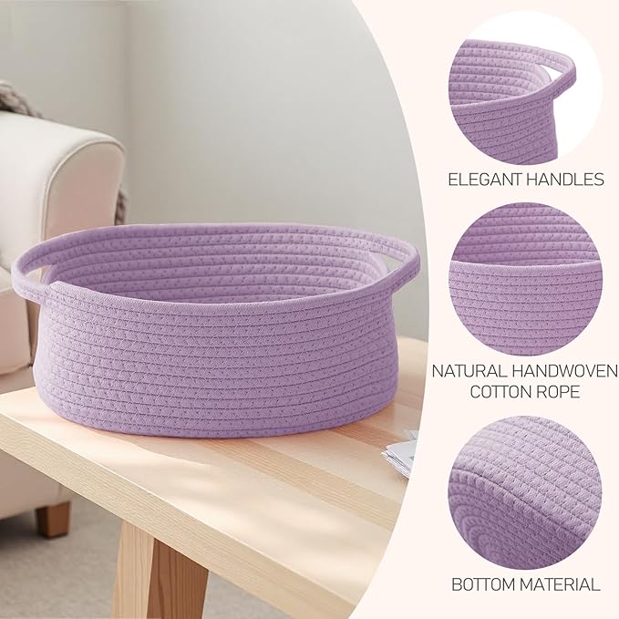 JMvicyroam Woven Basket,Small Rope Storage Bin with Handles & Ribbon Bag, Organizer for Shelves Closets,Gift Basket Empty for Birthday,Books,Dog Toys, Purple/2 Pack