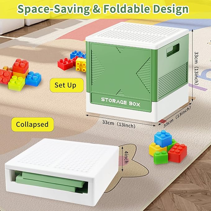 Collapsible Storage Box with Large Building Lid, Multifunctional Toy Storage Box for Brick, Bead, Tool, Sewing, Foldable Storage Bin(Green)
