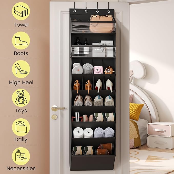 Mefirt 8 Tier Clear Over the Door Shoe Organizer with Deep Pockets, Door Shoes Rack with hard Cardboard and Tubes to Keep the Shape, Hanging Shoe Rack for Closet Organizers, Shoe Holder Black
