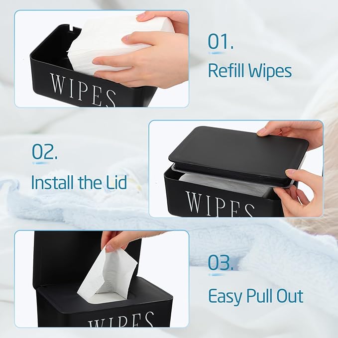 Singhoow 4 Pack Baby Wipes Dispenser Refillable Wipe Holder with Lid Toilet Wipes Container for Bathroom Tissue Paper Storage Box for Home Office (Black)