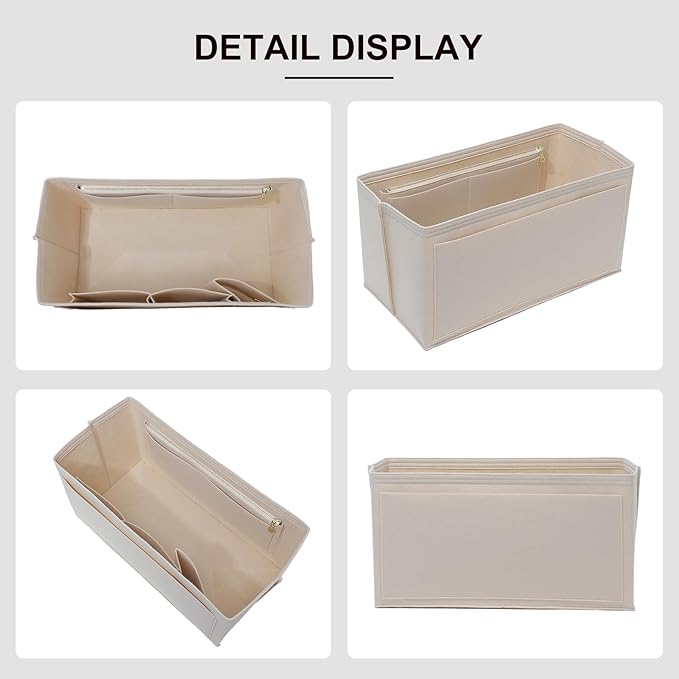 Premium Felt Tote Bag Organizer Insert for Longchamp-Le Pliage L Travel Bag, Large Purse Insert with Zipper Pocket and Cup Holder, 9 Compartments, Beige/LT