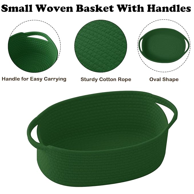 Small Woven Rope Basket-Empty Gifts Basket with Bag and Ribbons,Cute Handle Organizer Box for Birthday/Baby Shower, Toy Storage, Nursery Organizing & Shelf Decor(Green)