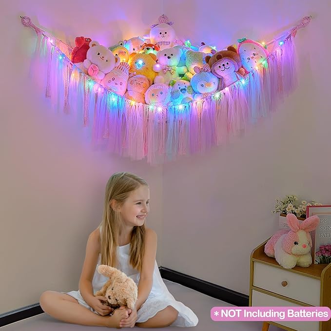 FIOBEE Stuffed Animals Net or Hammock with LED Light, Toy Hammock Hanging Stuffed Animals Storage Organizer Holder Room Décor for Nursery Kids Bedroom
