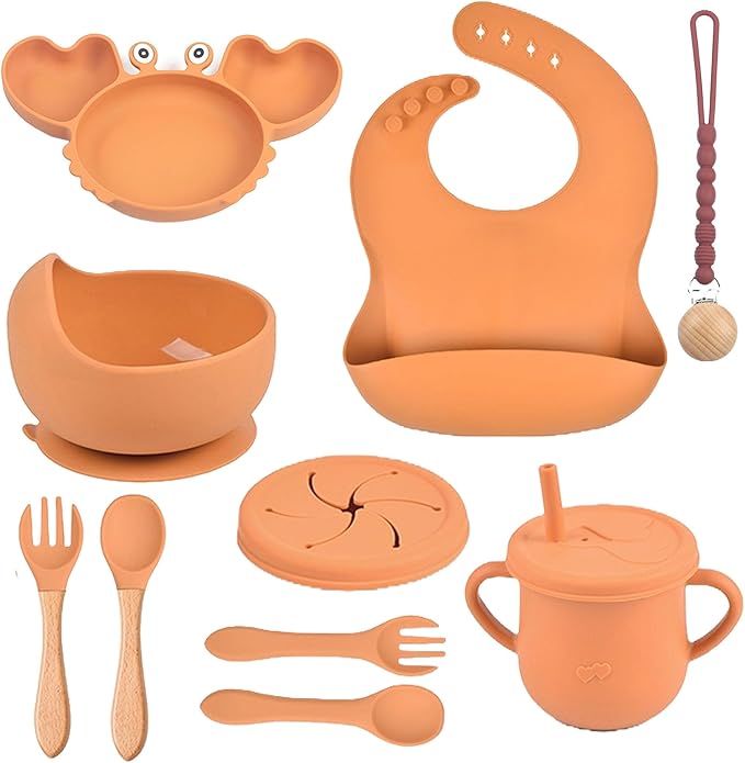 Silicone Baby Feeding & Weaning Set – Food-Grade Baby Led Weaning Supplies with Suction Plate, Bowl, Bib, Sippy Cup & Soft Spoon Fork – Dishwasher & Microwave Safe (Brown)