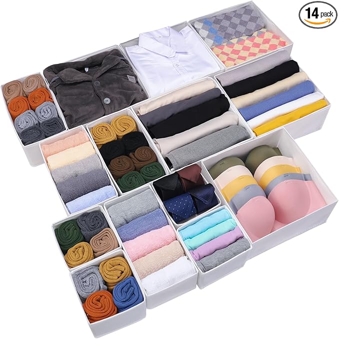 Foldable Dresser Drawer Organizers for Clothes, Underwear, Socks, Bras - Cloth Storage Box Divider Basket Bins, 14 Pack (White)