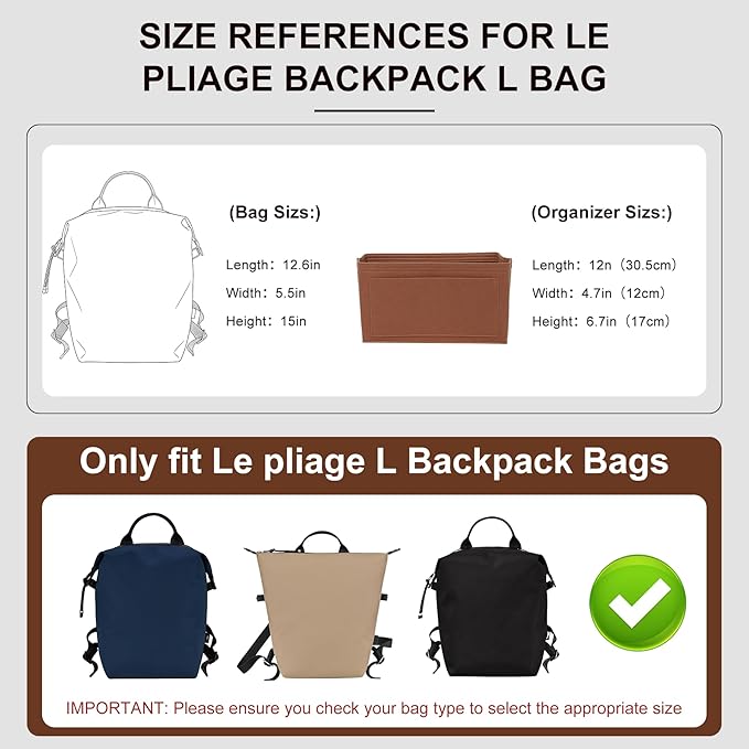 Premium Felt Purse Organizer Insert Compatible with Long Champ Le Pliage L Backpack, Lightwieight Bag Divider Shaper with 8 Pockets & YKK Zipper, Brown/LB