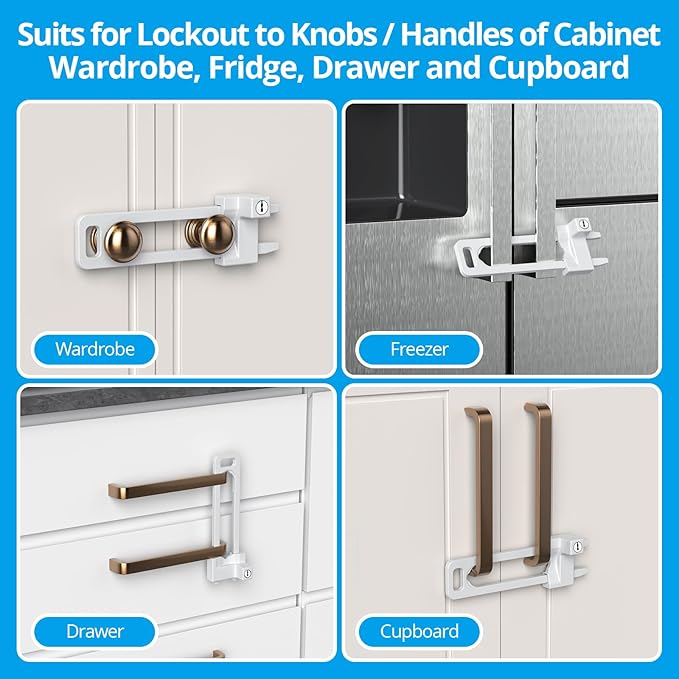 AST Keyed Cabinet Lock, 2 Locks 4 Keys Keyed Alike, Effective Childproof Cabinet Latch to Lockout Knobs and Handles, For Kitchen drawer Storage Cupboard Closet, Adjustable, Made of Metal (Matte White)