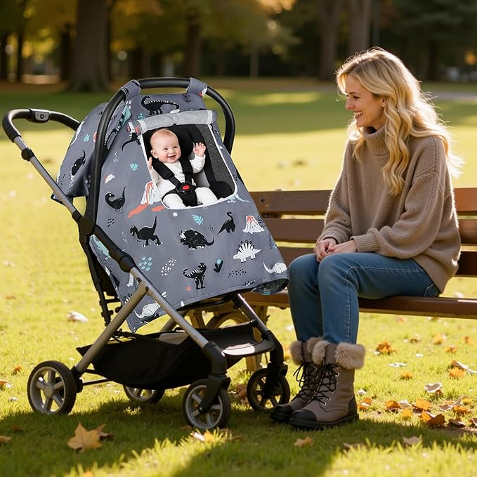Car Seat Cover Baby, Carseat Covers Baby with 2 Layers Breathable Zipper Windows, Windproof Infant Car Seat Cover, Kick-Proof Baby Carrier Cover for Baby Boy Newborn Essentials