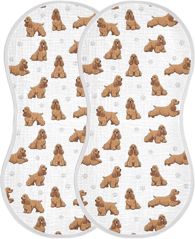 Qinllo 2 Pack Muslin Burp Cloths American Cocker Dogs White Cotton Baby Burp Cloths Ultra Absorbent and Soft Burping Cloth for Newborn Must Haves 22x11 Inch