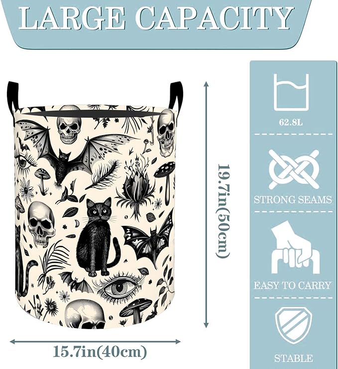 VODRM Gothic Black Cat Skull Bat Laundry Basket, Dirty Collapsible Clothes Toy Organizer Hamper for Kids Adults, Oxford Cloth Waterproof Storage Bin for Bathroom Halloween Decor Gifts, 19.7"X15.7"