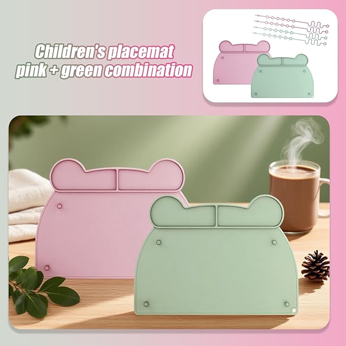 2 Pack Silicone Baby Placemats with Suction Base and 8 Stretchable Straps, Busy Baby Mats That Stick to Table, Baby Placemats for Restaurants, Pink Green