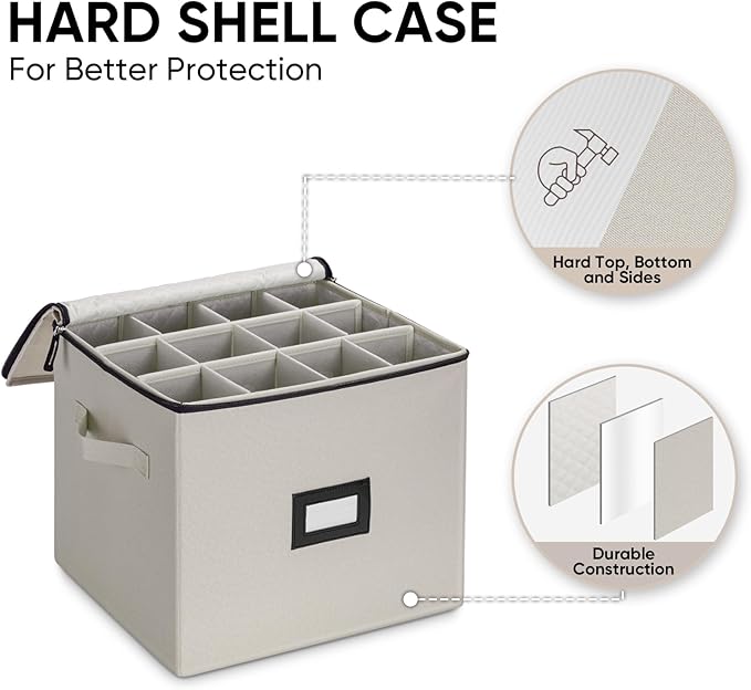 BALEINE China Storage Containers, Sturdy Quilted Wine Glass Storage, Plate Organizer with Carry Handles, Moving Boxes for Dishes, Cups, Mugs and Stemware (Champagne Flute, Hard Shell Cream)