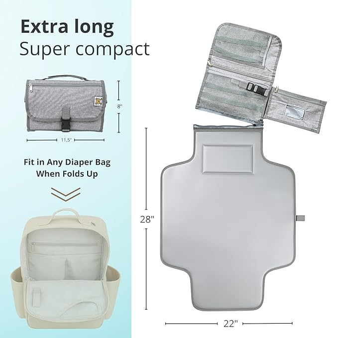 Portable Diaper Changing Pad, Waterproof Travel Baby Changing Mat with Wipes Pocket, Compact Foldable, Gift for Babyshower, Newborn Boys & Girls (Grey)