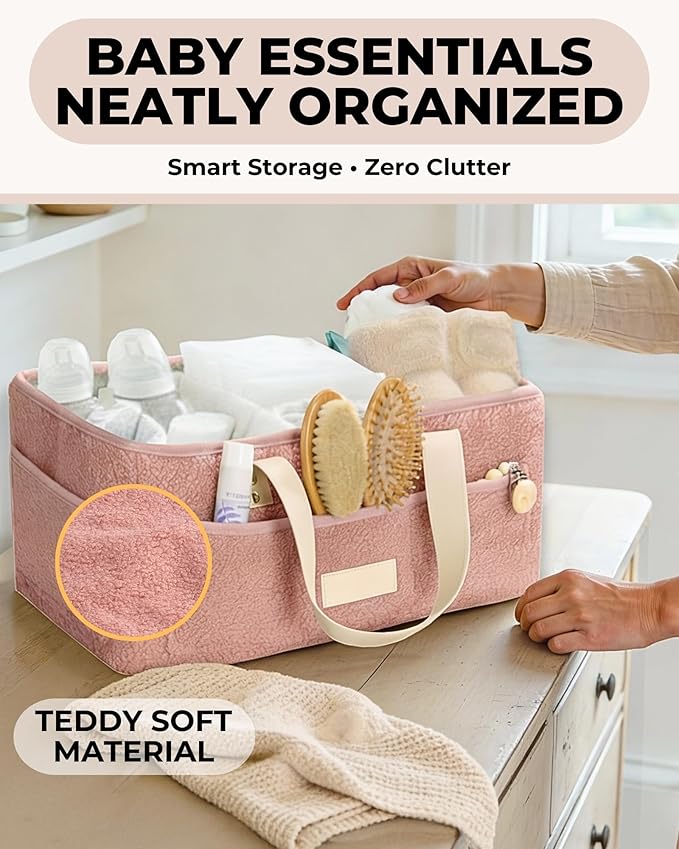 Toodly Baby Diaper Caddy Organizer with Portable Changing Mat - Teddy Fleece Diaper Organizer for Changing Table - Basket for Changing Essentials - Baby Essentials Organizer with Removable Dividers